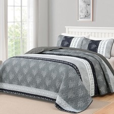 Gray Quilt Set King Size Boho Striped Patchwork Bedspread Coverlet, 3 Pieces Bla