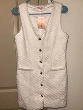 Bepop Sweater dress white, gold button embellishments, faux pockets, brand new