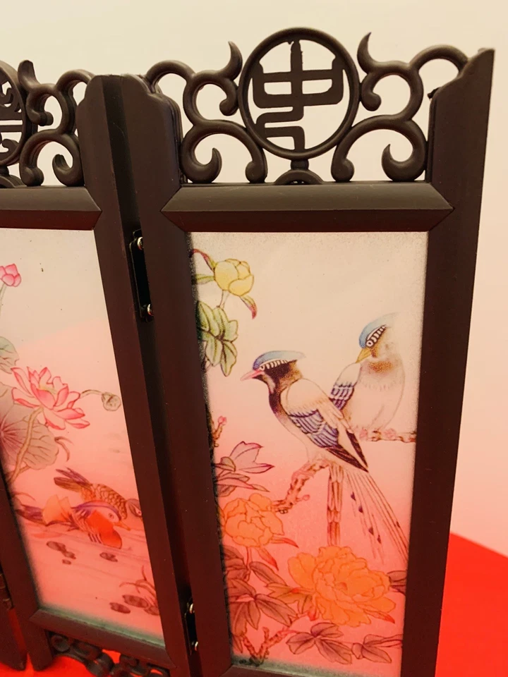 Vintage Chinese Tabletop 4 Panel Folding Screen Double-Sided Painted Porcelain - Image 4 of 4