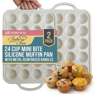 Mini Muffin Pan Silicone 24 Cup 2 Pack   Metal Reinforced Frame Nonstick Sili...