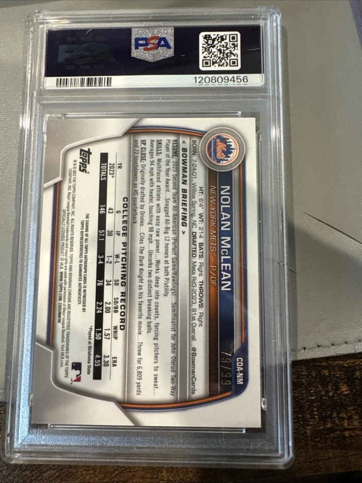 2023 Bowman Draft Nolan McLean Mets Auto PSA 9 Green Lava /99 - Image 2 of 2
