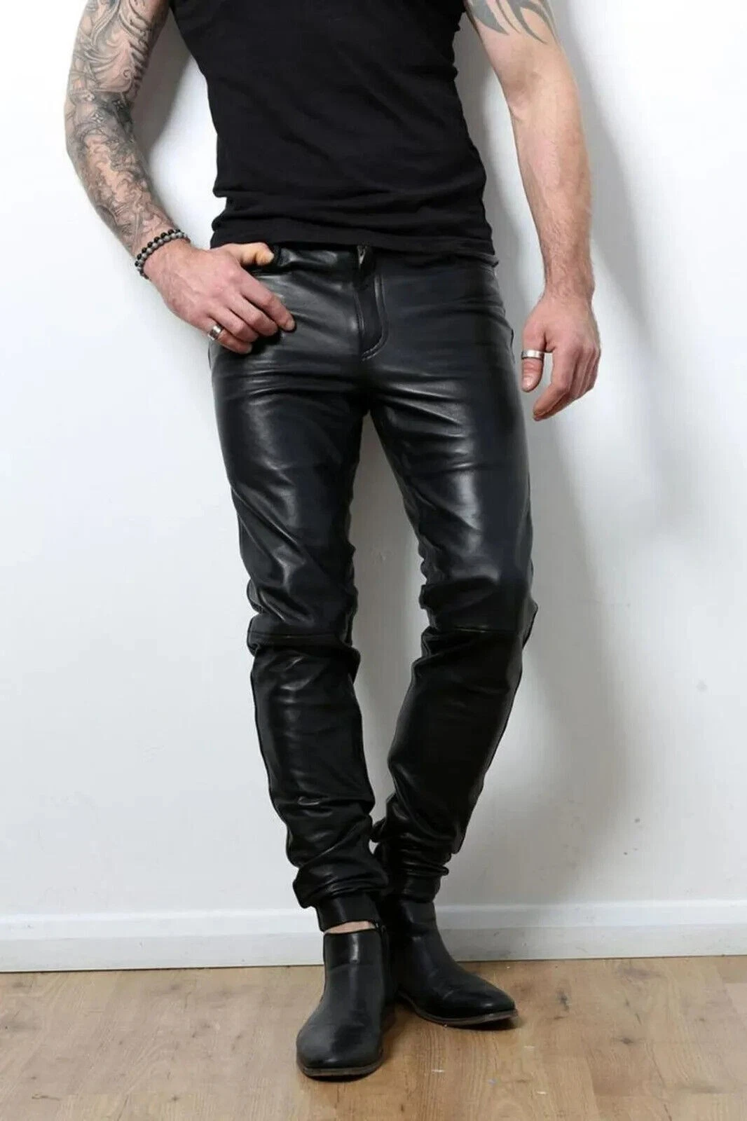 Men real Black leather Trousers Pant Biker Style Skinny Fit Leather Pants