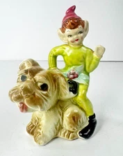 Vintage 1950's Kreiss Fairyland Pixie Elf Riding a Dog Figurine