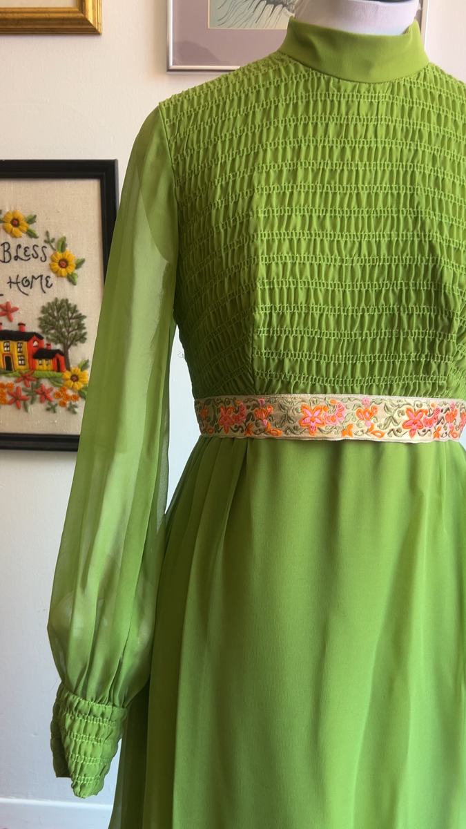 Vintage 70s Chartreuse Chiffon Maxi Dress Gown Boho Victorian Medieval  Revival | eBay
