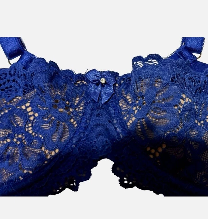 Frederick's Of Hollywood Women's Sandie Open Cup Bra Size 32F Blue Latte Lace - Image 2 of 4