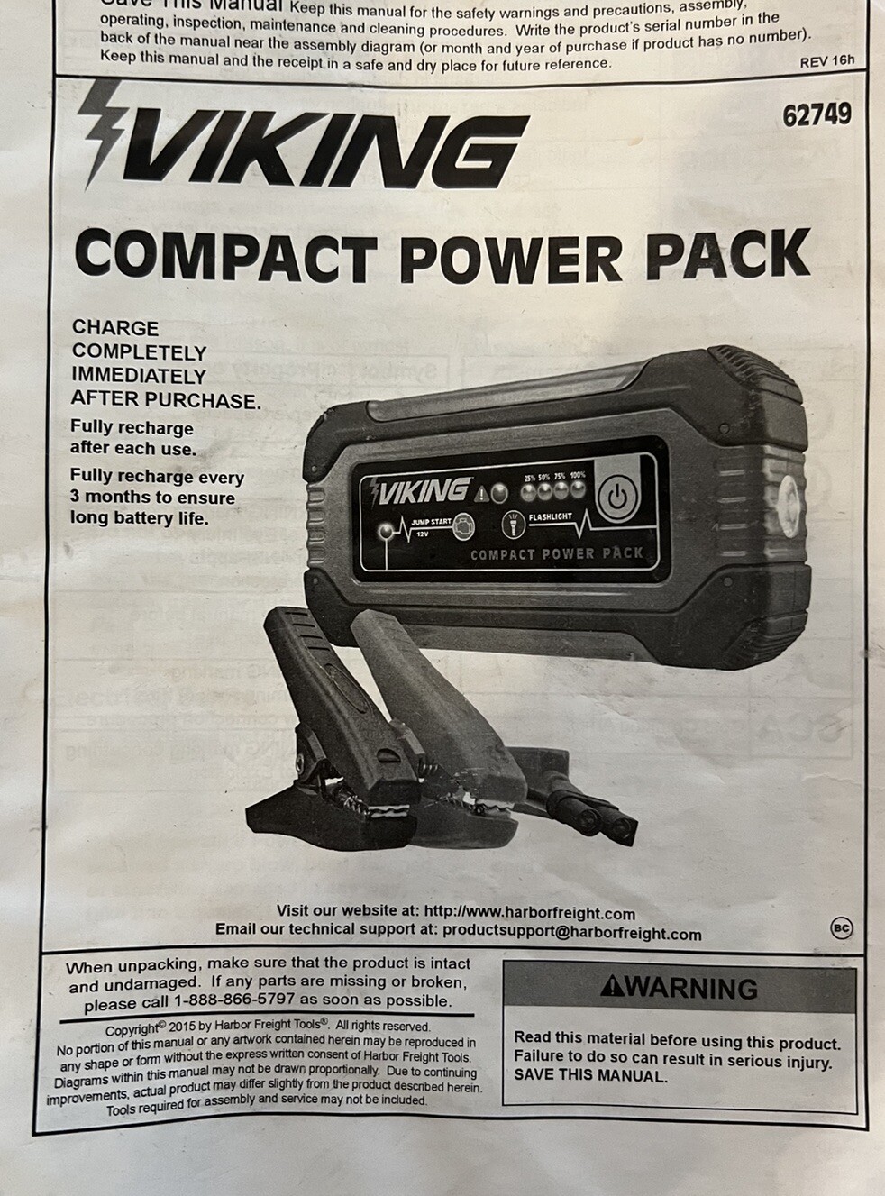 VIKING COMPACT POWER PACK 62749 12V 12,000 mAh Portable Jump Starter