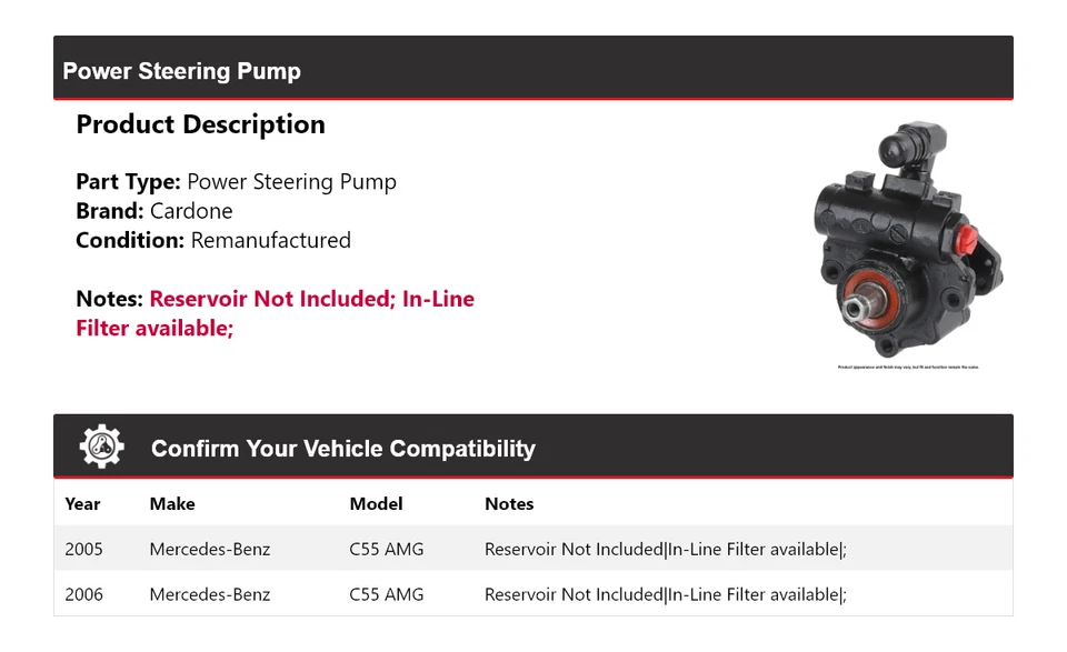 Bomba de dirección asistida Cardone para Mercedes-Benz C55 AMG 2005-2006 Foto 2 de 4