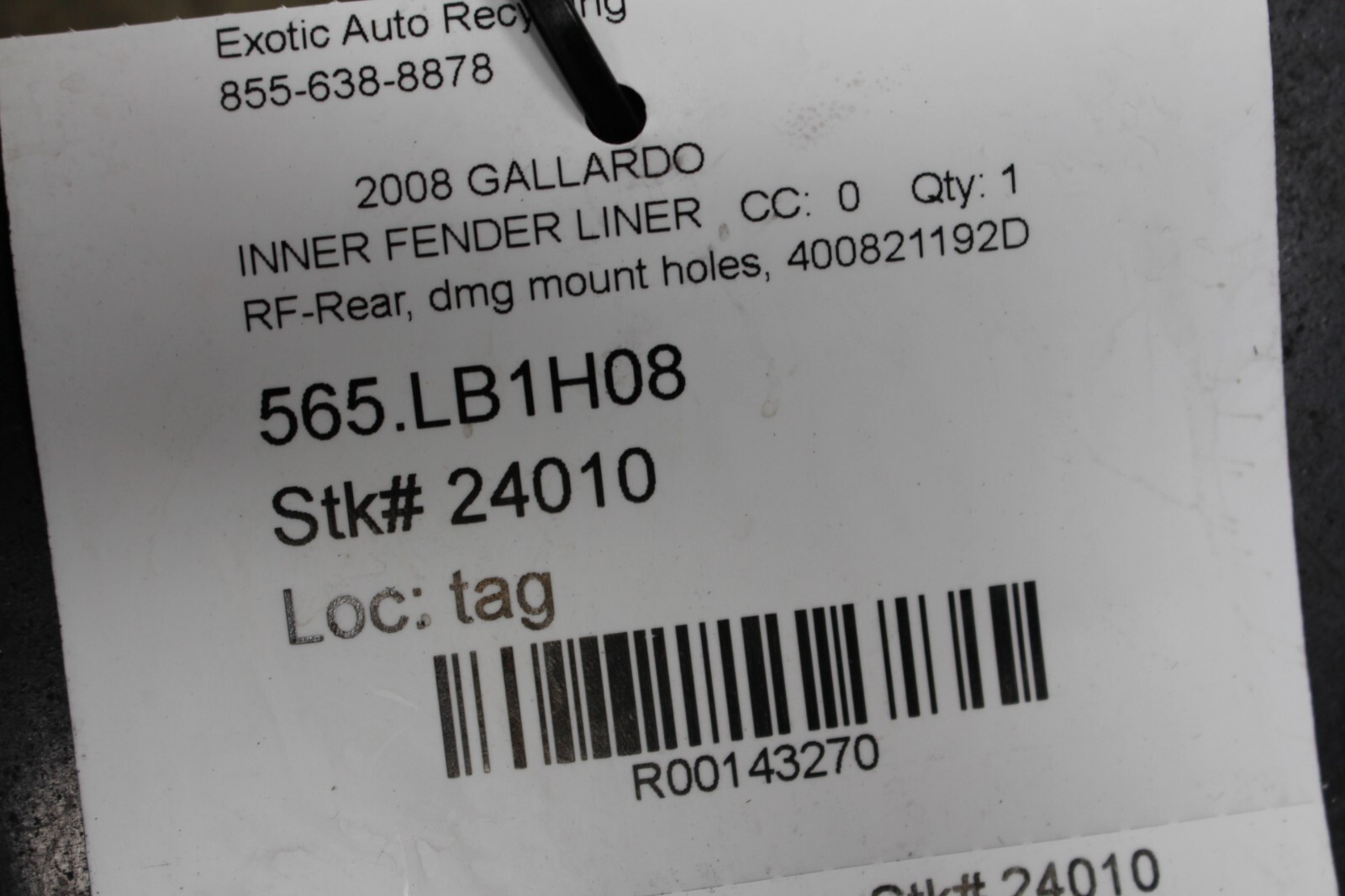 Lamborghini Gallardo, RH, Front Rear Section Fender Liner, Dmg, Used, 400821192D