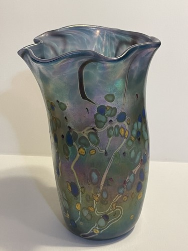 Glass Art Vase Abstract Design Large Blue And Turquoise - Picture 2 of 5