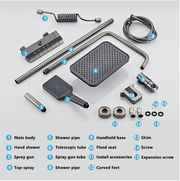 Luxury 10.62" Square Panel Shower Head with 4 Spray Functions, piano key control
