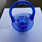 Fenton cobalt blue VTG thumb print basket with handle and ruffled edges