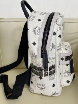 MCM Mini Backpack Visetos Pattern White Black Metal Logo Plate