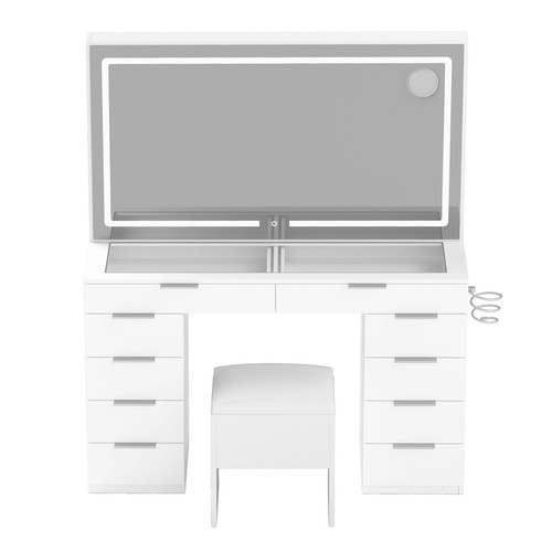 Vanity Desk 10 Drawers Makeup Table Mirror Glass Tabletop Power Hub w/ LED Light - Picture 8 of 11