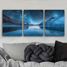 3pcs Vibrant Starry Night Mountain Lake Wall Art Canvas Framed 50x70cm