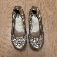 MIU MIU X SWAROVSKI GOLD LEATHER FLATS WITH CRYSTAL EMBELLISHMENTS US 7.5-8