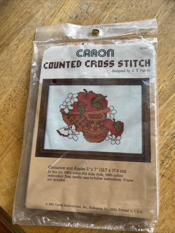 Caron Counted Cross Stitch Kit. Apples & Cinnamon in Basket 5”x7” NEW
