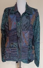 Coldwater Creek Jacket Teal Patchwork Silk Zipped Top Blazer Boho Women's L NICE