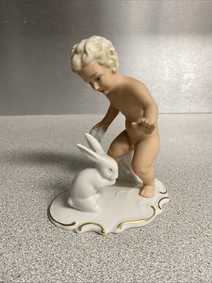 Vintage 5.5  Schaubach Kunst Porcelain Bisque Putti Boy w/Rabbit Bunny Figurine