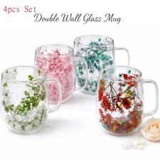 4pcs 200ml Double Walled Glass Mugs Floral Insulated Coffee Tea Cups