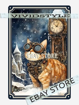 Metal Tin Sign cat with goggles decor winter gears detail