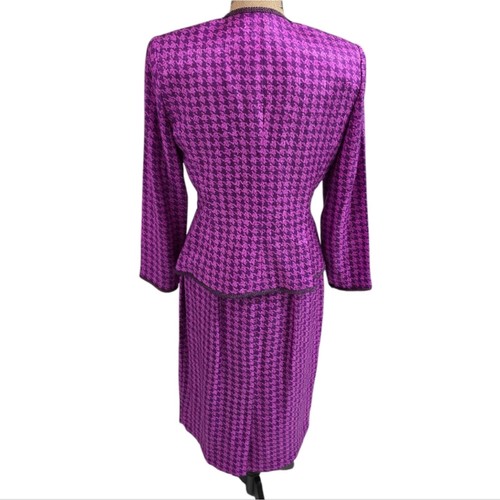 Adrianna Papell Elegant Purple Houndstooth 100% Silk Vintage Skirt Suit 10 P PET - Afbeelding 4 van 12