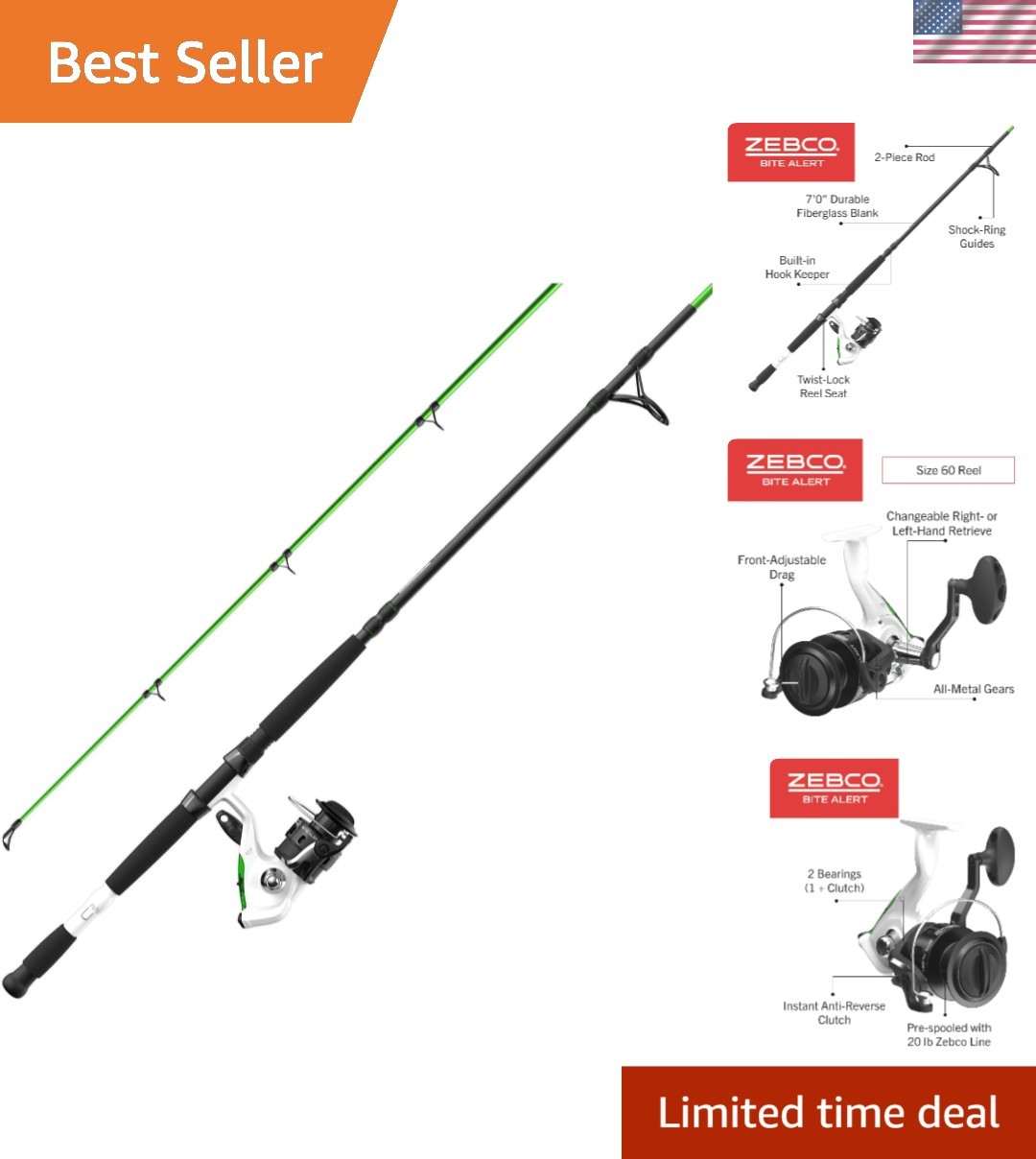 7' Fishing Rod with Bite Alert Reel - Ultimate Angler's Comb