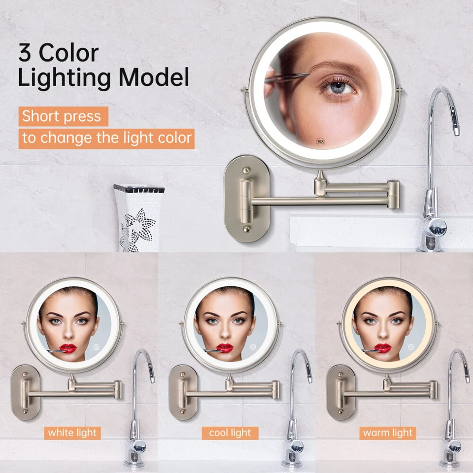 Kosmetikspiegel wandmontage LED Beleuchtung 1/10X Vergrößerung Badezimmerspiegel - Bild 3 von 4