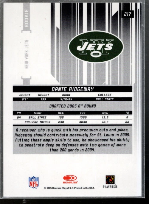 A7171- 2005 Leaf Rookies and Stars Longevity Sapphire #217 Dante Ridgeway /150 - Image 2 of 2