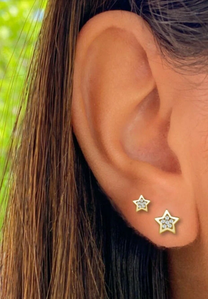 Auténticos tachuelas de piedra de nacimiento con halo en forma de estrella de lujo de oro macizo de 14K Foto 2 de 3