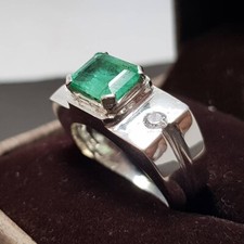 Men's Natural Panjsher Emerald Ring  Vivid Green Zamurd Stone in 925 Silver
