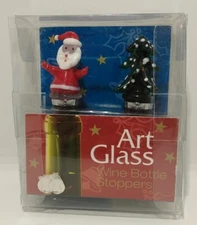 Holiday Decor Art Glass Wine Bottle Stoppers Christmas Tree and Santa Set of 2 