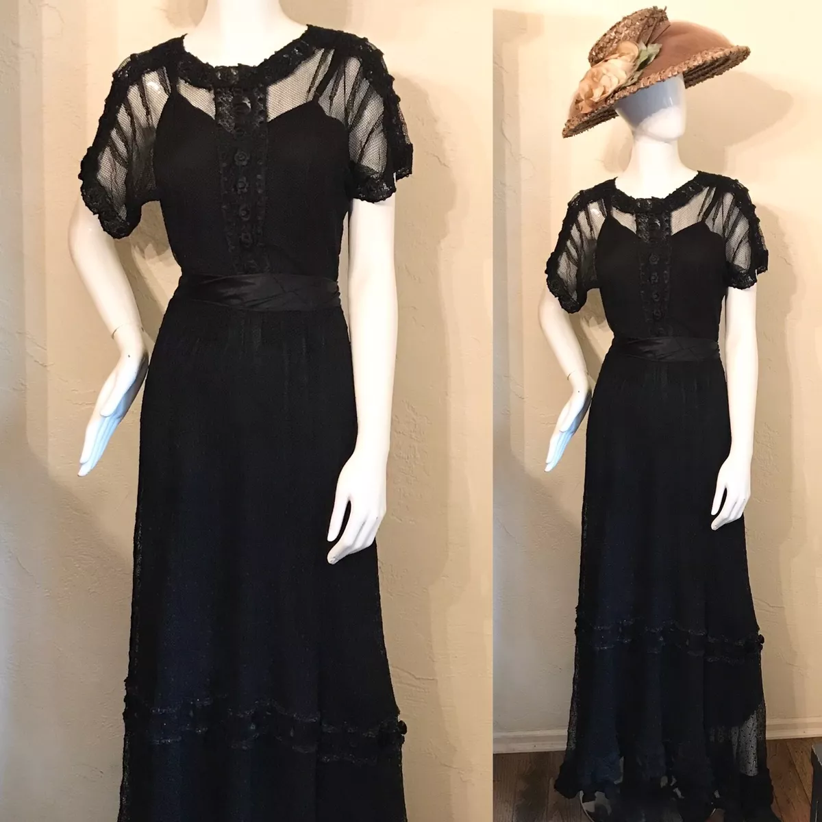 ANTIQUE Victorian Edwardian Black Net Lace Mourning Dress 2 Pc