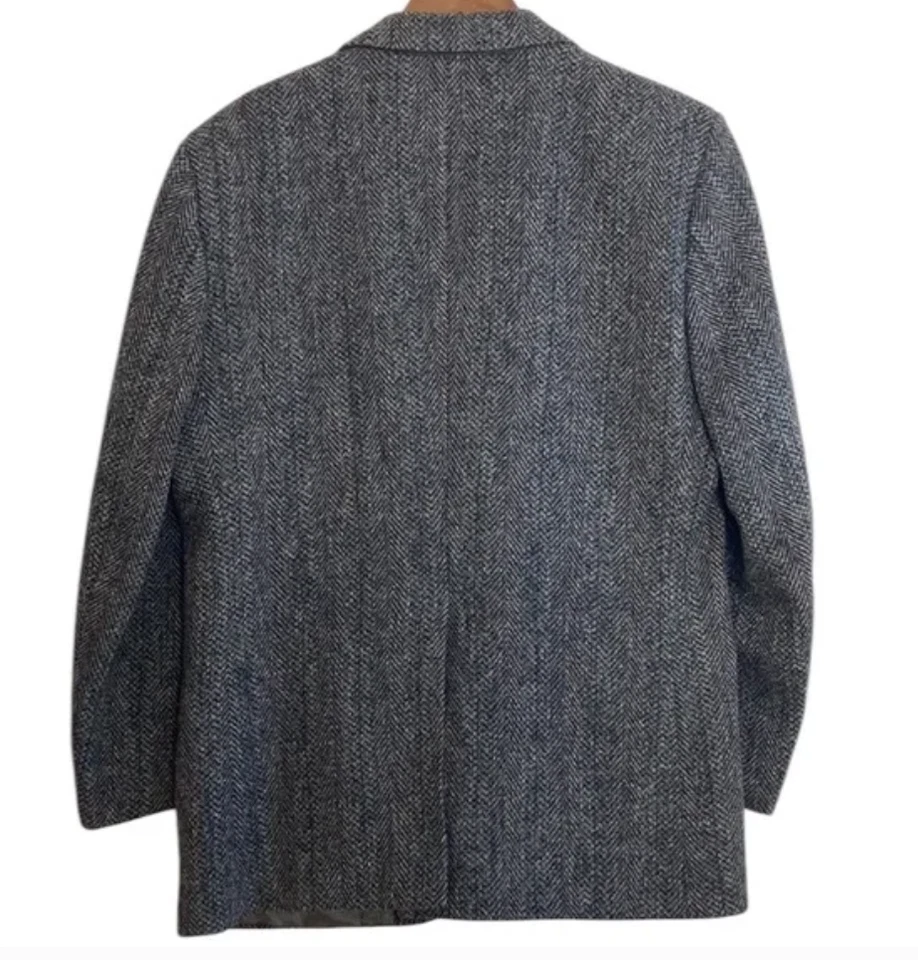 Vintage Harris Tweed Sport Coat Mens 42S Grey Herringbone Blue Stripe Blazer Foto 3 de 4
