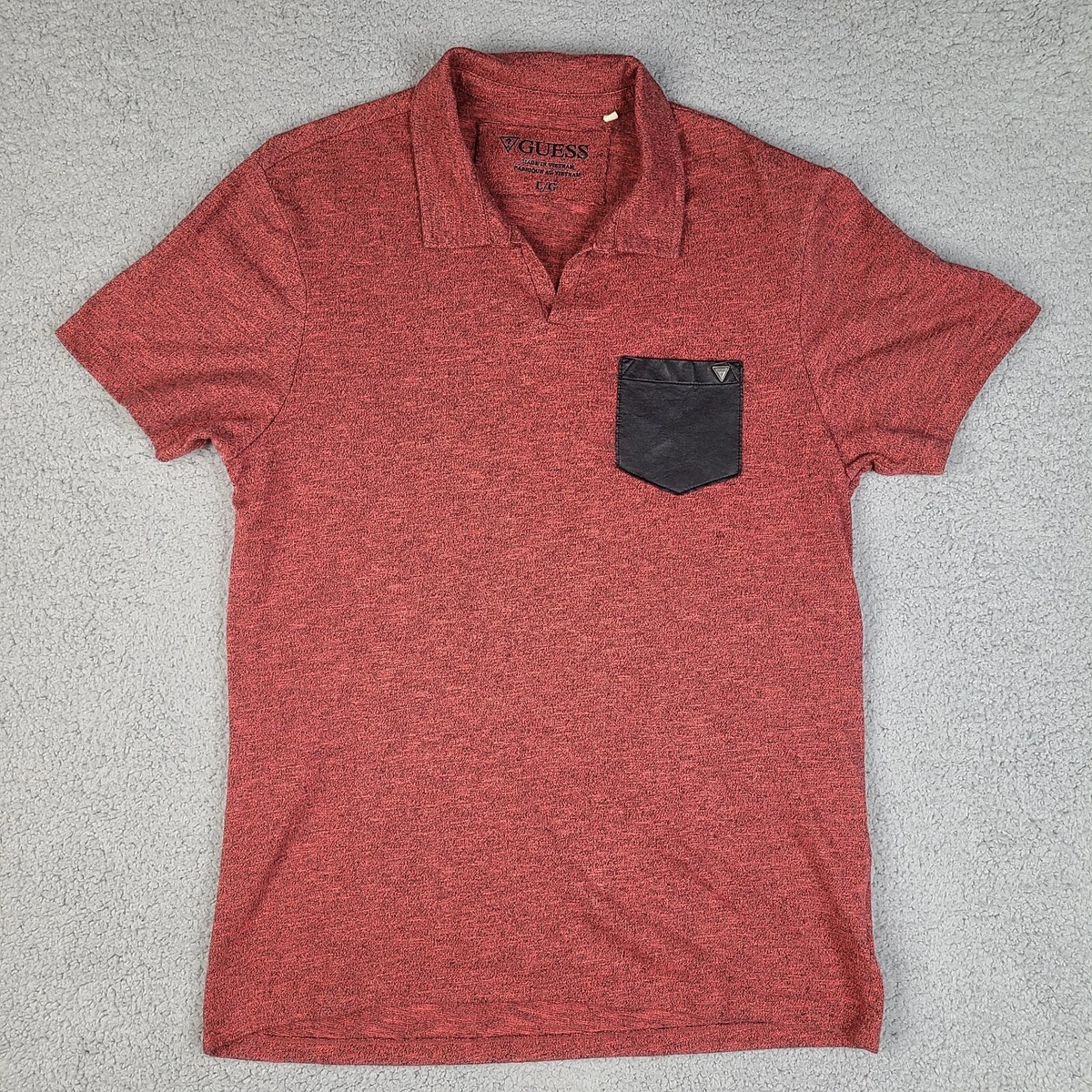 Guess Polo Shirt Mens Large Red Heathered Faux Leather Pocket Collared V-Neck
