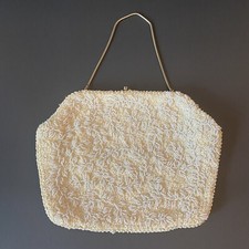Vintage Beaded Evening Bag Ivory Sequin Gold Satin Interior Wedding Formal 1960s