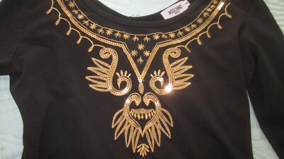 Moschino Jeans Italian Black Tee Shirt Top Gold Sequin Graphic Sz