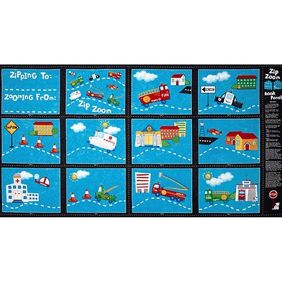 Zip Zooming DIY Book or story quilt  Panel Cotton 24 by 44inch Cars Planes 