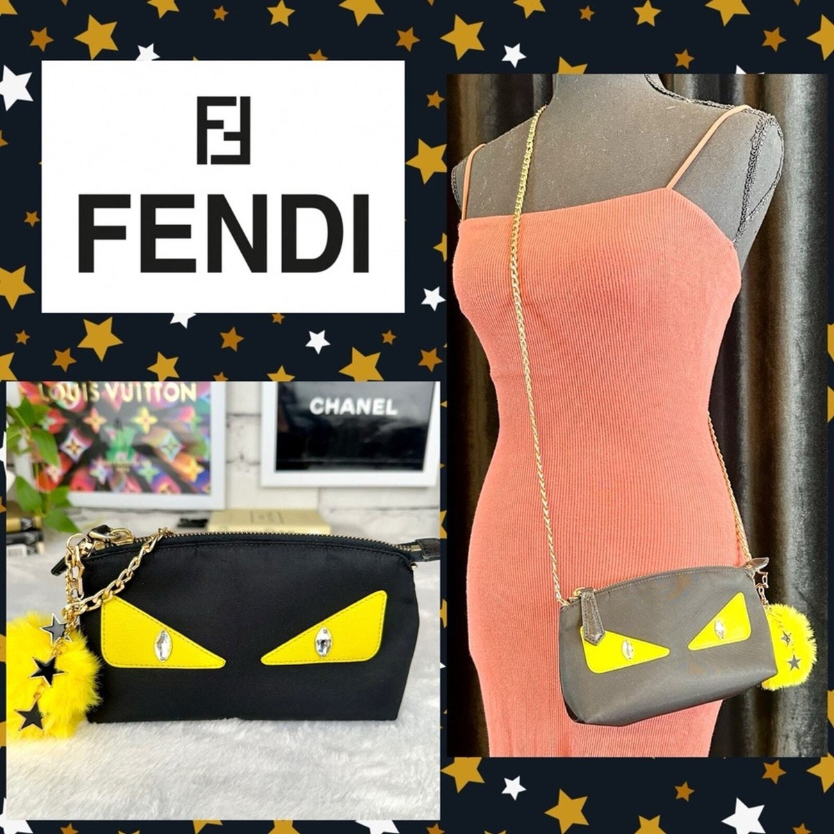 FENDI モンスター メッセンジャーバッグ FENDI Monster black and yellow canvas pouch crossbody bag