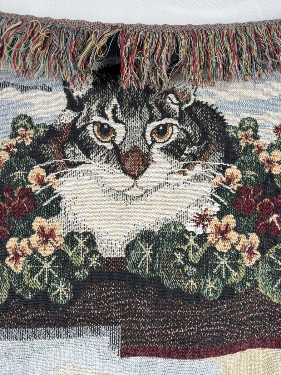 Vintage Goodwin Weavers Tapestry Fringe Cat 4 Season Throw Blanket