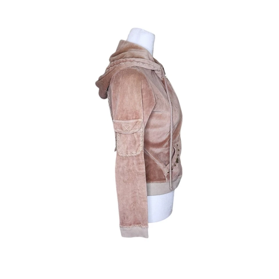 Sudadera con capucha vintage Y2K BCBG terciopelo dragón asiático ojal cremallera para mujer talla S beige Foto 4 de 4