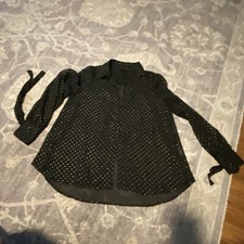 Zara Basic Collection Long Sleeve Black Sheer Gold Dots  Blouse Tie  Top-S
