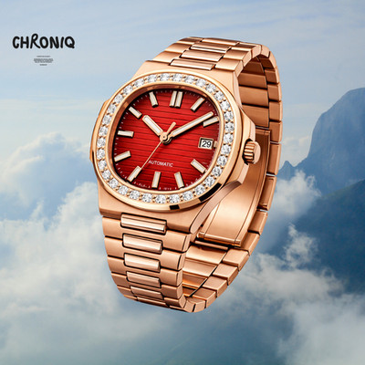Automatic Square Watch Rose Gold Red Dial Diamond Bezel Date Steel Auto Caliber