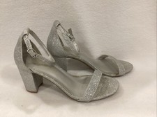 Women Hi-Chunk Block Heel Silver Glitter Open Toe Party Wedding 3  Heel Sz 6.5