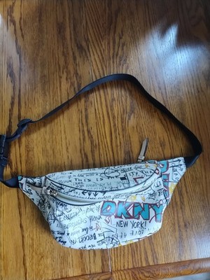 DKNY New York Graffiti Cream Faux Leather Belt Bag with Adjustable Black Strap