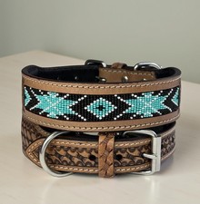 Beaded Genuine Leather Dog Cat Puppy Collar Hand Tooled Crafted Padded