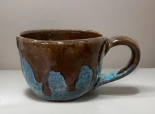 STUDIO ART POTTERY Coffee Mug Glaze Blue Brown Signed By Artist One Of A Kind