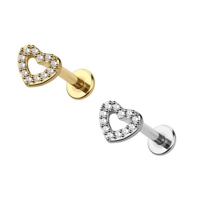 16G Surgical Steel Labret Stud CZ Heart Internally Threaded Flat Back Earring