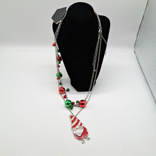 2x Silvertone Christmas Link Necklaces Red Green Ornaments Articulated Santa