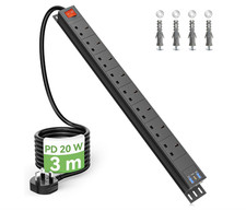 8 Way Power Strip Surge Protector PD20W USB-C 3m Extension Lead with Switch UK