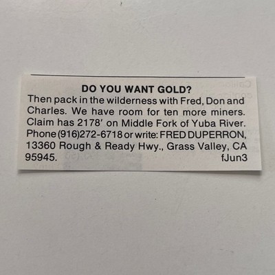 Pack in the Wilderness Fred Don & Charles Grass Valley 1986 Mining Ad SJA3-S3